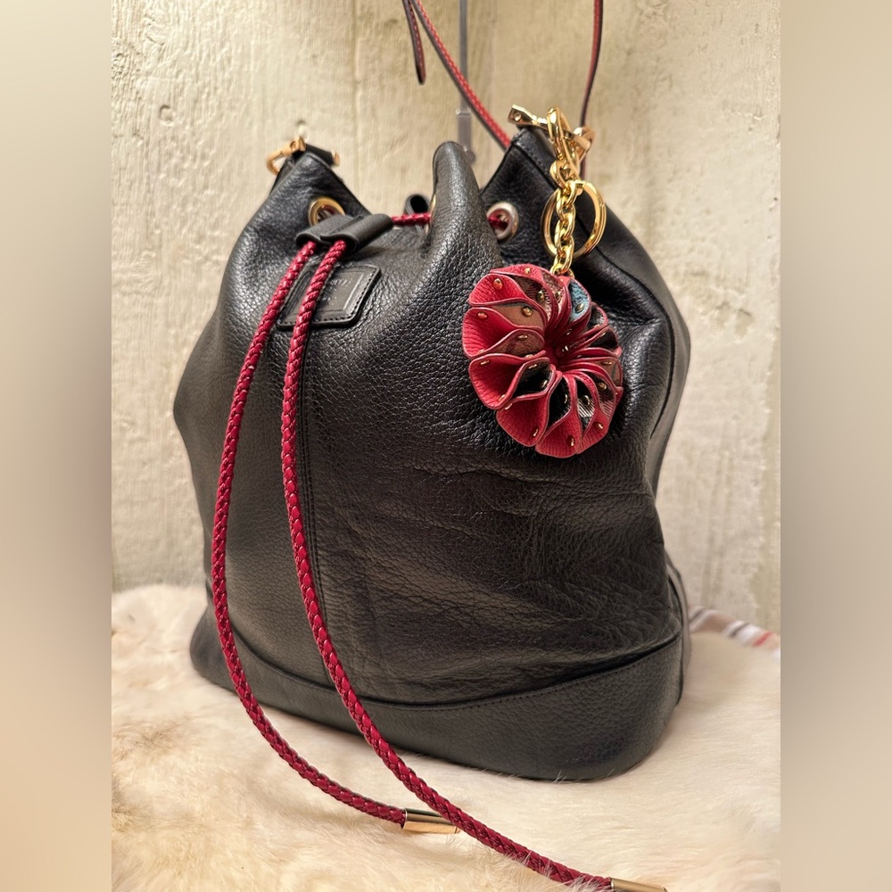 Vintage Burberry’s Black Leather Drawstring Bucket Bag & Burberry Bag Charm Set